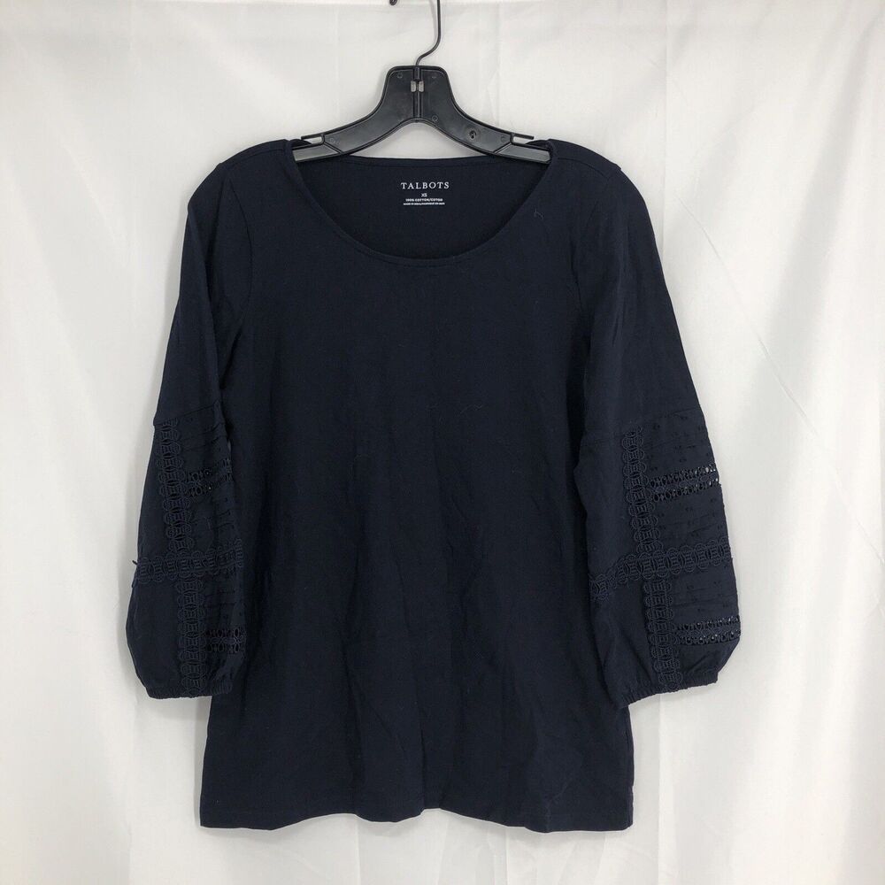 Talbots Shirt Blouse Navy Elastic Top Eyelet Sleeve Rayon Stretch Women's XS